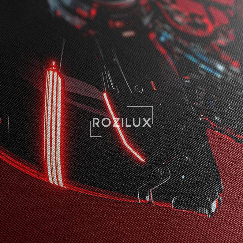 Cyberpunk Robot Wall Art | Futuristic Cyborg Head Canvas Print | Sci-Fi Decor for Modern Home Office | Dark Red Black Art