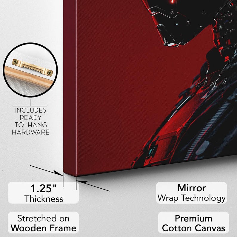 Cyberpunk Robot Wall Art | Futuristic Cyborg Head Canvas Print | Sci-Fi Decor for Modern Home Office | Dark Red Black Art