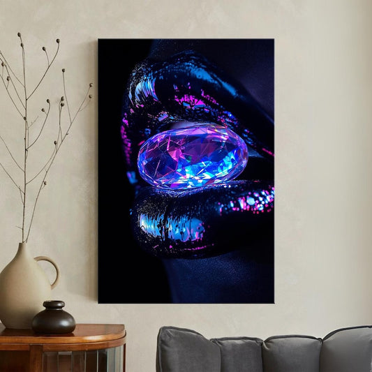 Dark Neon Lips Wall Art with Gemstone Print | Futuristic Glamorous Aesthetic Canvas Print