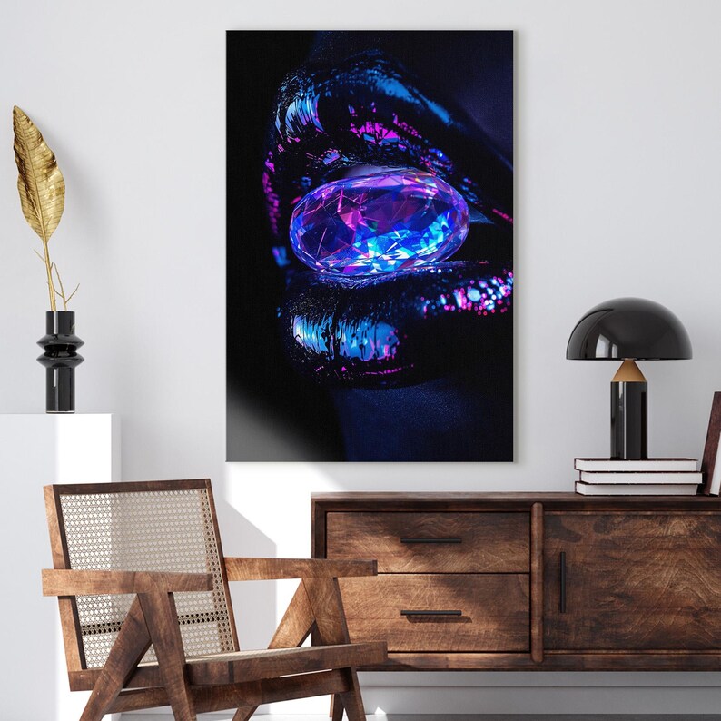 Dark Neon Lips Wall Art with Gemstone Print | Futuristic Glamorous Aesthetic Canvas Print