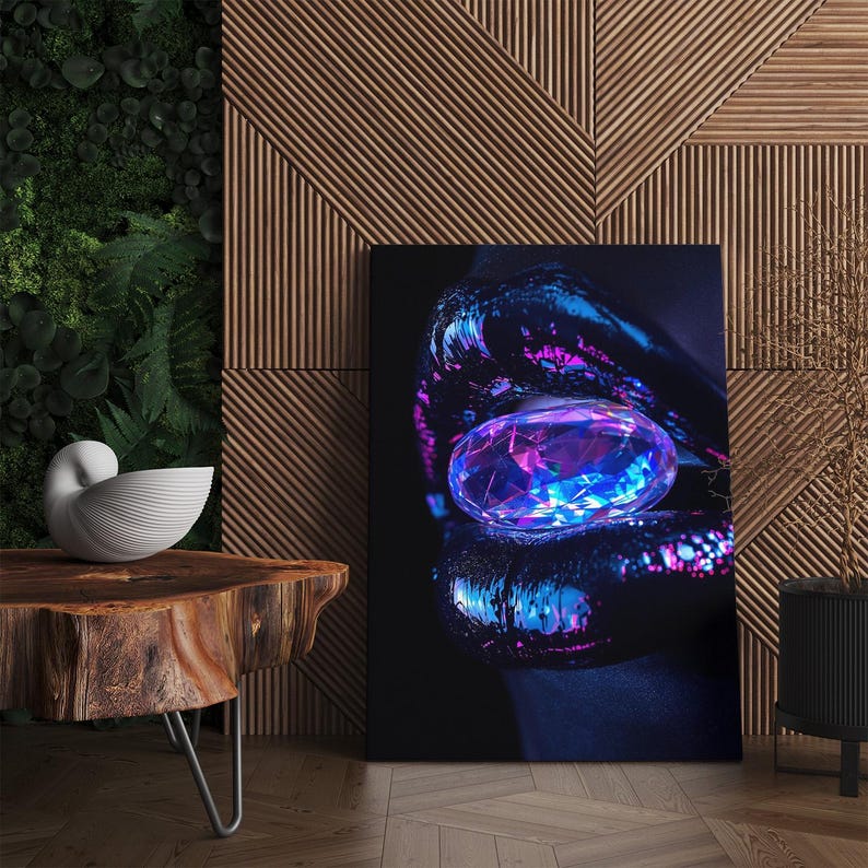 Dark Neon Lips Wall Art with Gemstone Print | Futuristic Glamorous Aesthetic Canvas Print