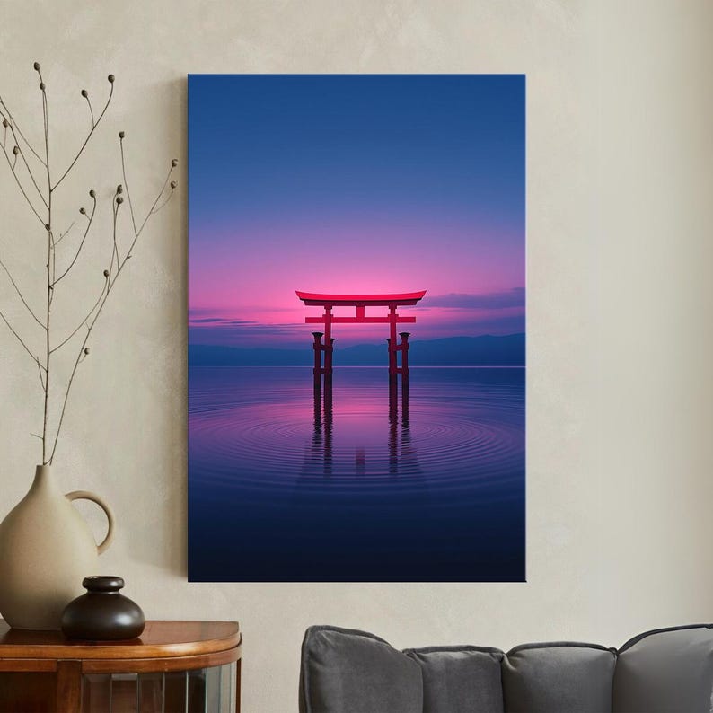 Japanese Torii Gate Canvas Print, Pink Sunset Floating Gate Wall Art, Serene Japan Landscape Art for Home Decor