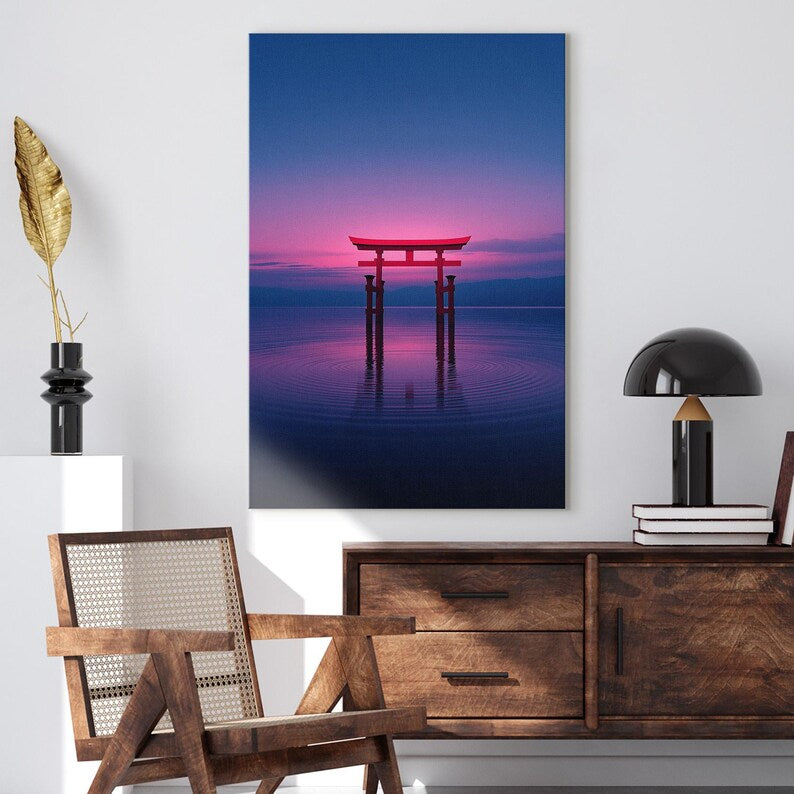 Japanese Torii Gate Canvas Print, Pink Sunset Floating Gate Wall Art, Serene Japan Landscape Art for Home Decor