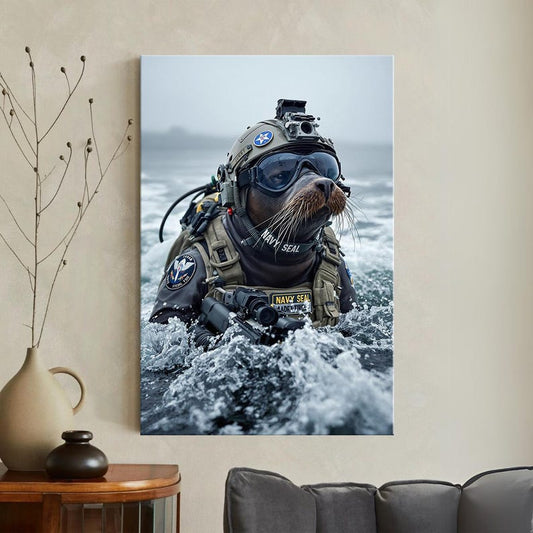 Navy Seal Animal Art Print, Tactical Seal Wall Decor, Funny Military Gift for Him, Man Cave Canvas Art