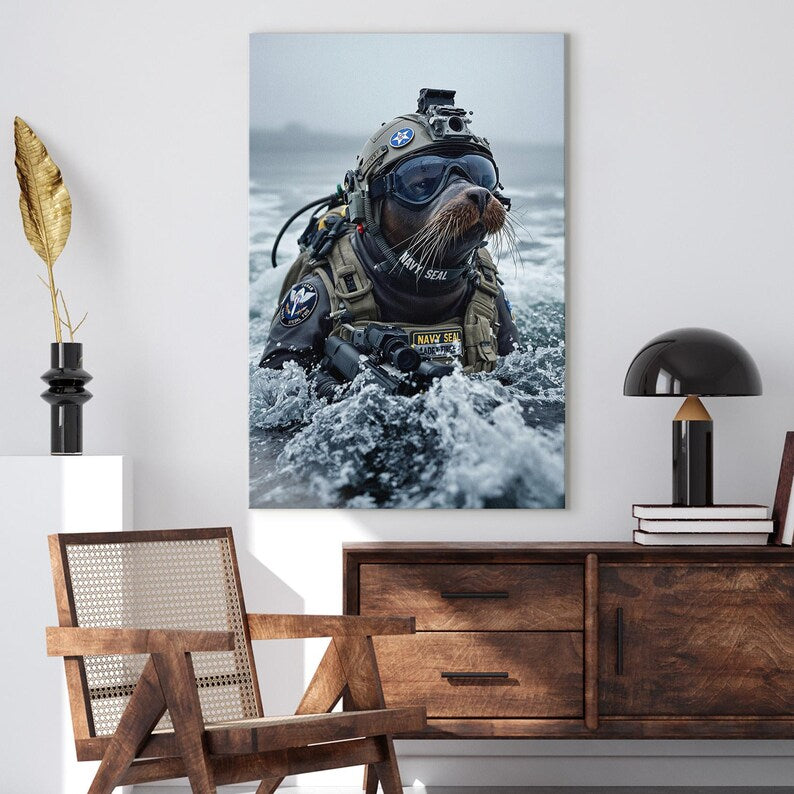 Navy Seal Animal Art Print, Tactical Seal Wall Decor, Funny Military Gift for Him, Man Cave Canvas Art