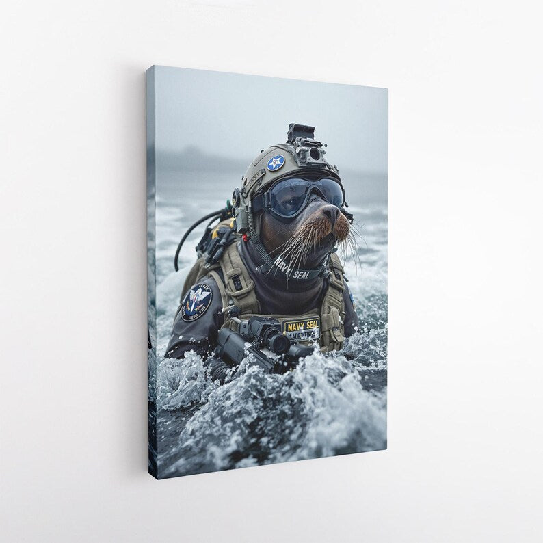 Navy Seal Animal Art Print, Tactical Seal Wall Decor, Funny Military Gift for Him, Man Cave Canvas Art