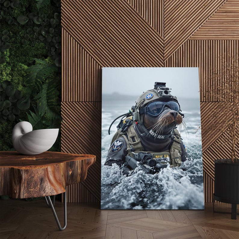 Navy Seal Animal Art Print, Tactical Seal Wall Decor, Funny Military Gift for Him, Man Cave Canvas Art