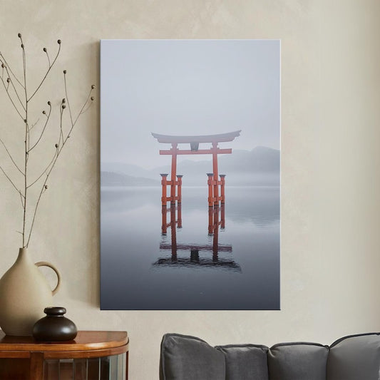 Japanese Torii Gate Canvas Print | Misty Japan Water Wall Art | Zen Home Decor | Travel Photo