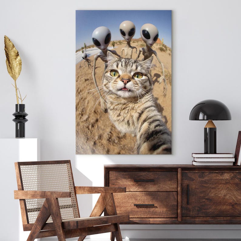 Funny Cat Selfie with Aliens Canvas Print, Humorous Sci-Fi Desert Wall Art Decor, Quirky Gift for Cat & Sci-Fi Lovers