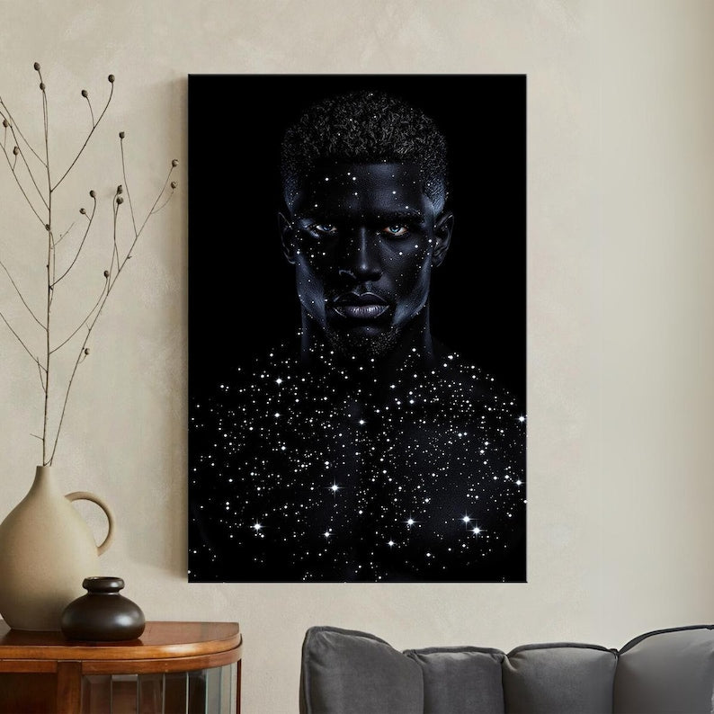 Cosmic Man Portrait Art Canvas Print, Starry Skin Black Male Figure Wall Art Decor