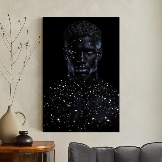 Cosmic Man Portrait Art Canvas Print, Starry Skin Black Male Figure Wall Art Decor