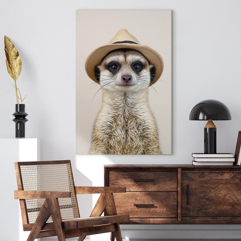 Meerkat with Hat Canvas Print | Cute Animal Wall Art for Nursery Kids Room Decor | Whimsical Animal Portrait Gift
