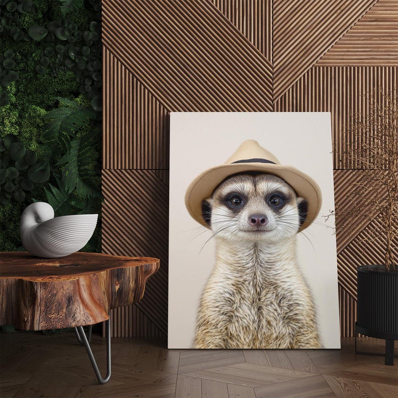Meerkat with Hat Canvas Print | Cute Animal Wall Art for Nursery Kids Room Decor | Whimsical Animal Portrait Gift