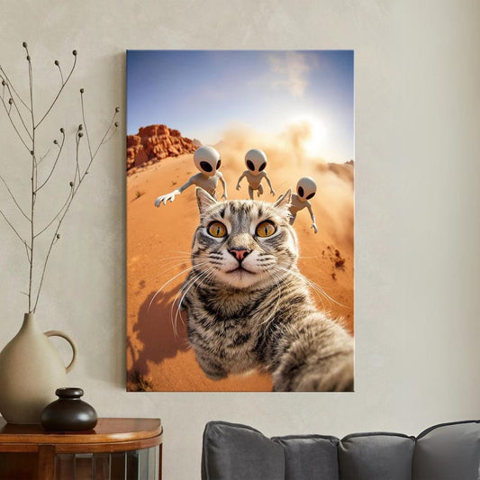 Funny Cat Selfie with Aliens Canvas Print | Sci-Fi Desert Wall Art Decor | Quirky Animal Lover Gift