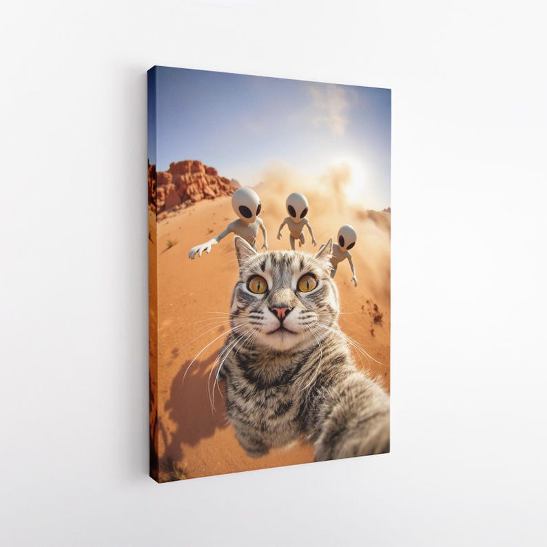 Funny Cat Selfie with Aliens Canvas Print | Sci-Fi Desert Wall Art Decor | Quirky Animal Lover Gift