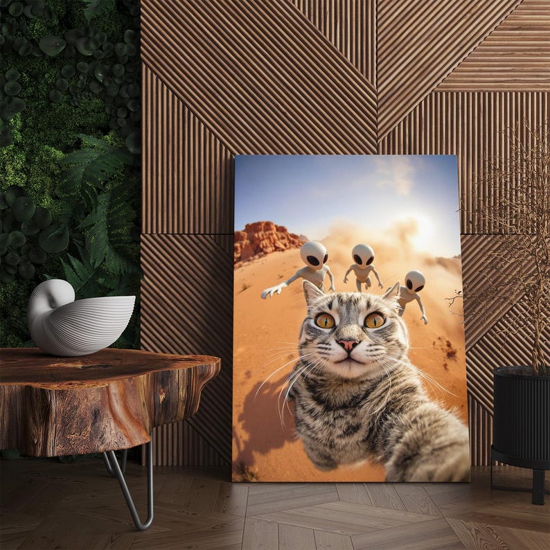 Funny Cat Selfie with Aliens Canvas Print | Sci-Fi Desert Wall Art Decor | Quirky Animal Lover Gift