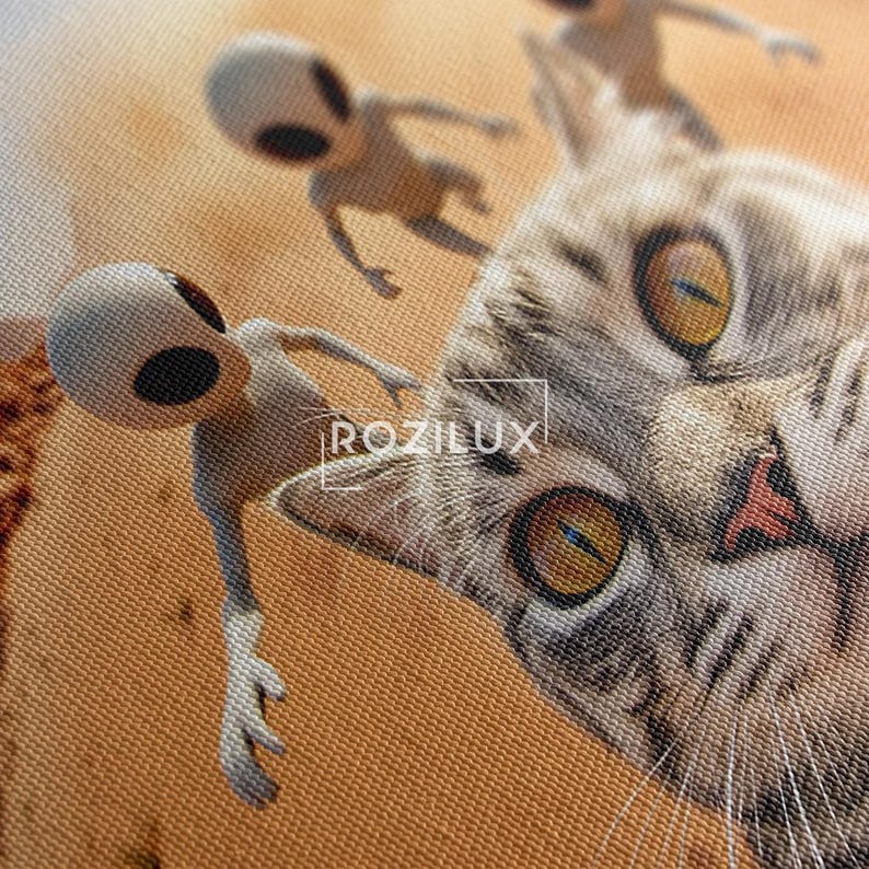 Funny Cat Selfie with Aliens Canvas Print | Sci-Fi Desert Wall Art Decor | Quirky Animal Lover Gift