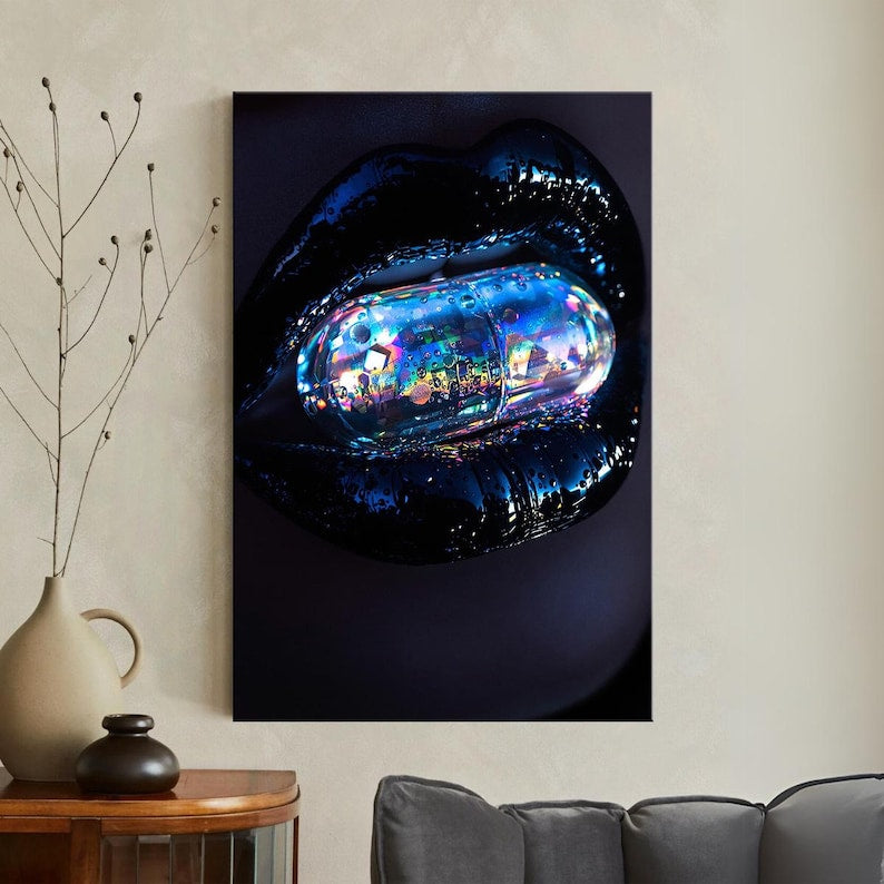 Surreal Iridescent Pill Lips Canvas Print, Futuristic Dark Art Wall Decor, Unique Modern Home Decor