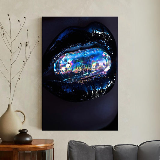 Surreal Iridescent Pill Lips Canvas Print, Futuristic Dark Art Wall Decor, Unique Modern Home Decor