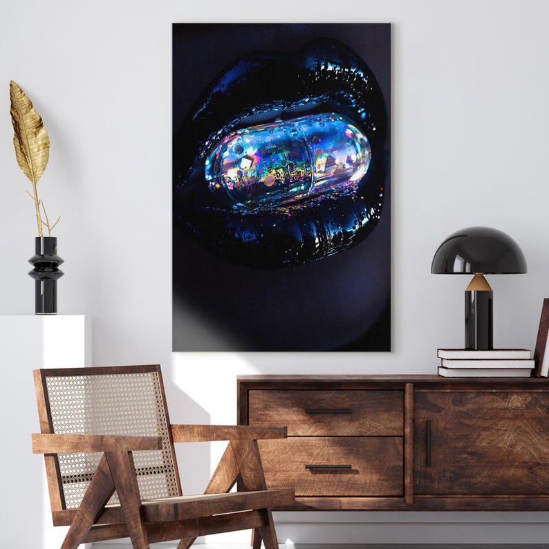 Surreal Iridescent Pill Lips Canvas Print, Futuristic Dark Art Wall Decor, Unique Modern Home Decor