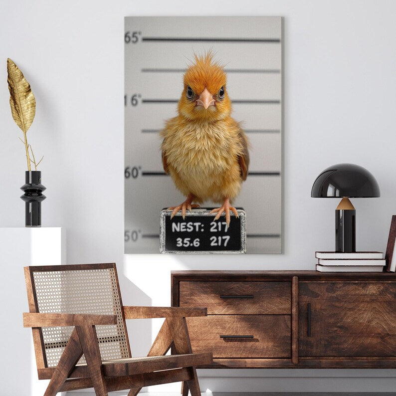 Cute Bird Mugshot Canvas Print, Funny Baby Bird Wall Art, Quirky Animal Home Decor, Nursery Kids Room Art
