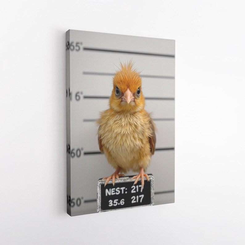 Cute Bird Mugshot Canvas Print, Funny Baby Bird Wall Art, Quirky Animal Home Decor, Nursery Kids Room Art