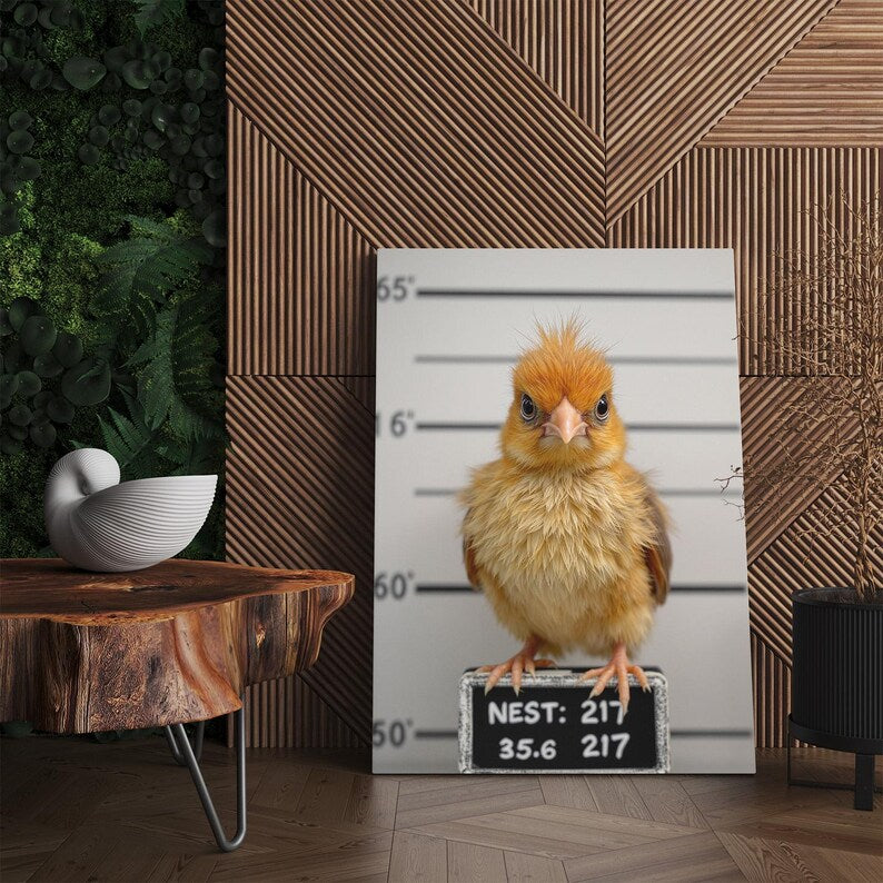 Cute Bird Mugshot Canvas Print, Funny Baby Bird Wall Art, Quirky Animal Home Decor, Nursery Kids Room Art