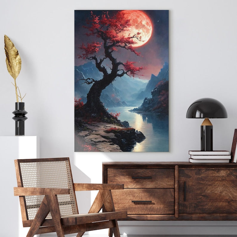 Fantasy Landscape Canvas Print, Cherry Blossom Tree Wall Art, Red Moon Mountain Lake Art, Dramatic Home Decor