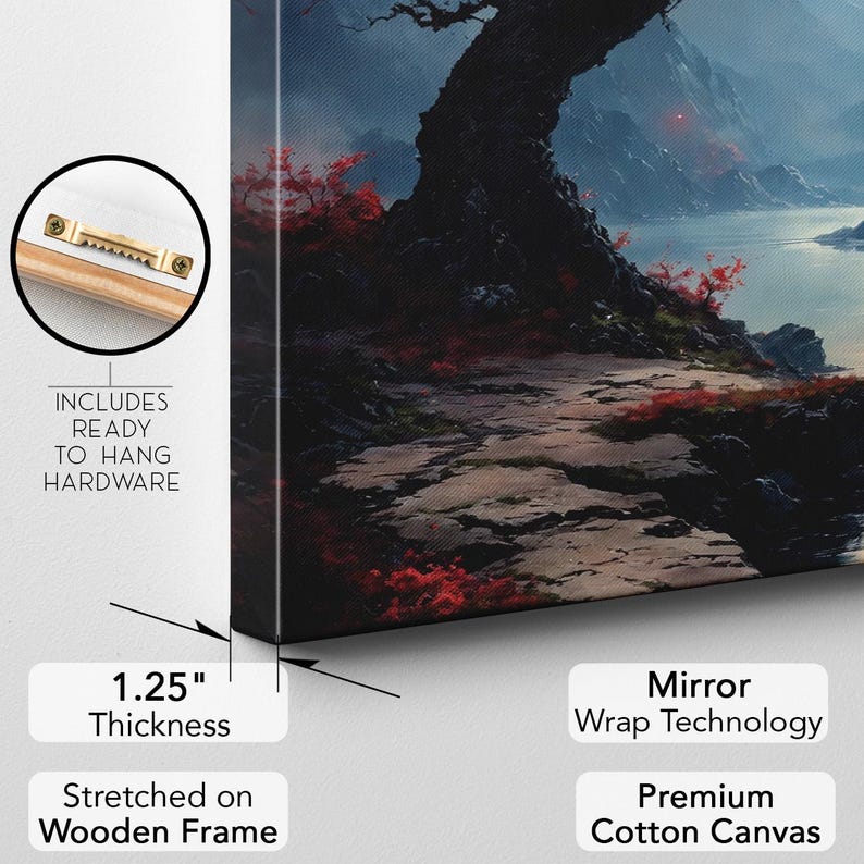 Fantasy Landscape Canvas Print, Cherry Blossom Tree Wall Art, Red Moon Mountain Lake Art, Dramatic Home Decor