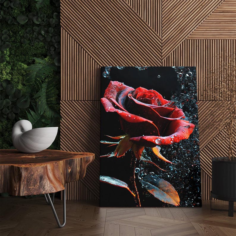 Red Rose Canvas Print, Dramatic Floral Wall Art, Water Drop Flower Photography, Romantic Home Decor Gift