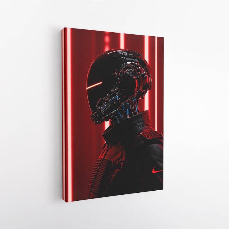 Cyberpunk Robot Wall Art, Futuristic Sci-Fi Canvas Print, Dark Red and Black Man Cave Decor, Gamer Room Art