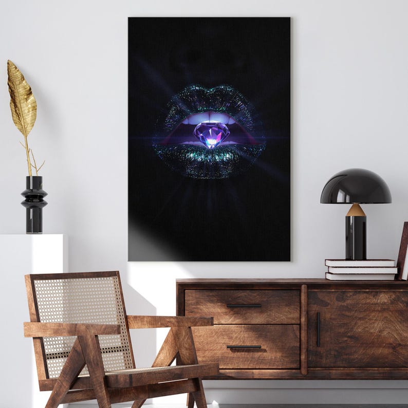 Diamond Lips Canvas Print | Glamorous Sparkle Wall Art | Modern Luxury Home Decor | Edgy Jewel Tone Art