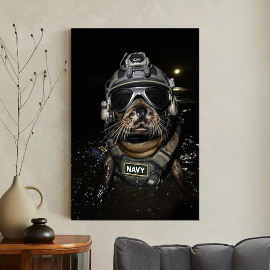 Tactical Navy Seal Animal Canvas Print | Funny Seal Wall Art for Man Cave & Home Decor