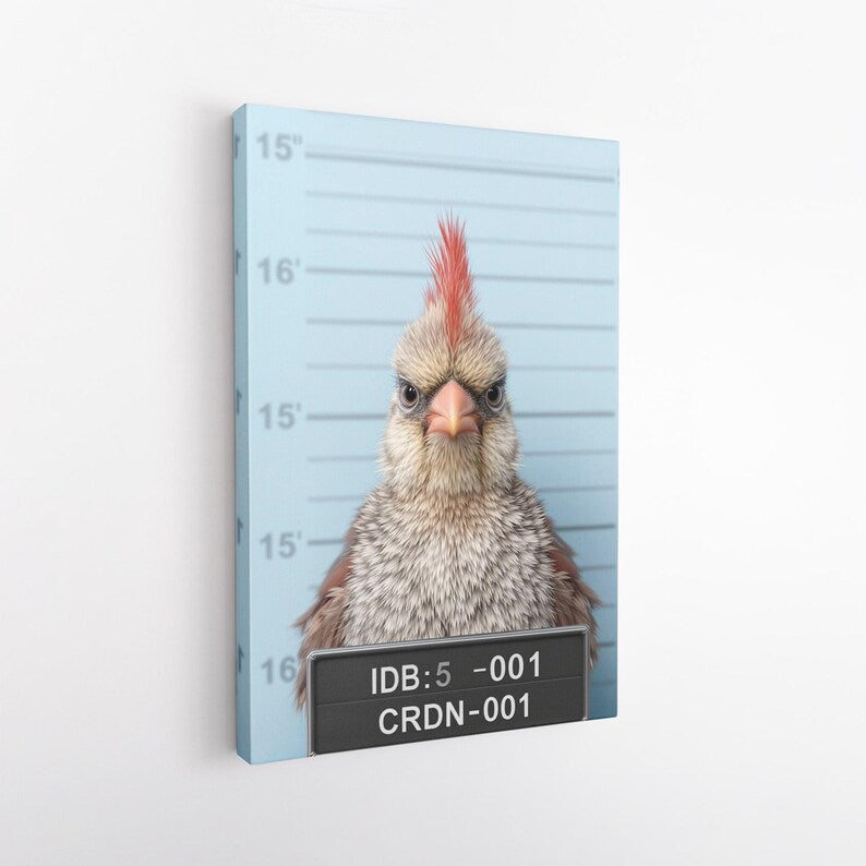 Funny Bird Mugshot Canvas Print | Quirky Cardinal Wall Art for Home Decor | Animal Arrest Photo