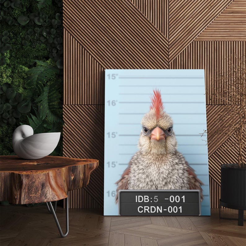 Funny Bird Mugshot Canvas Print | Quirky Cardinal Wall Art for Home Decor | Animal Arrest Photo