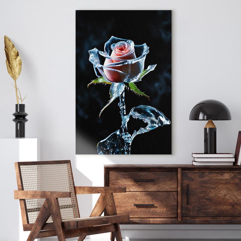 Frozen Rose Canvas Print, Ice Flower Wall Art, Pink Floral Photography Print, Unique Nature Art
