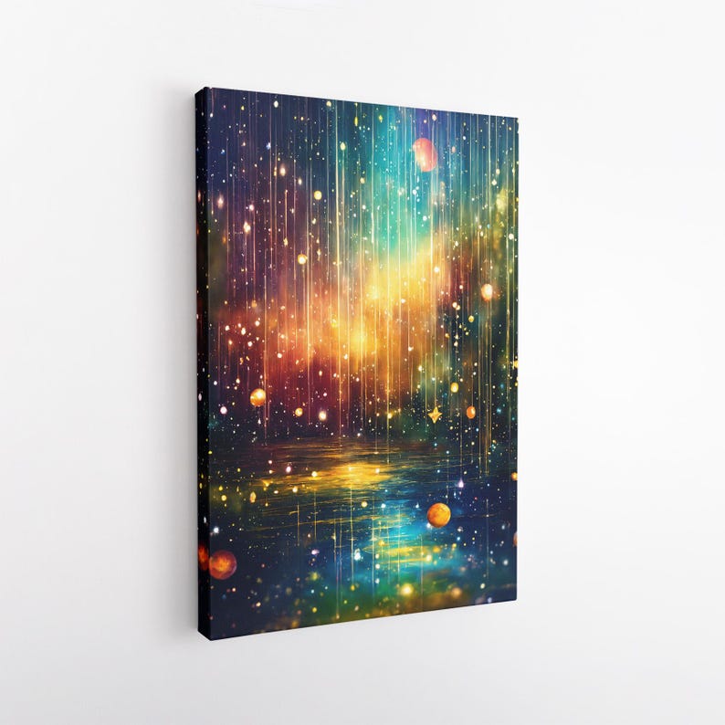 Vibrant Abstract Cosmic Canvas Print | Starry Reflection Wall Art | Glowing Orbs Home Decor