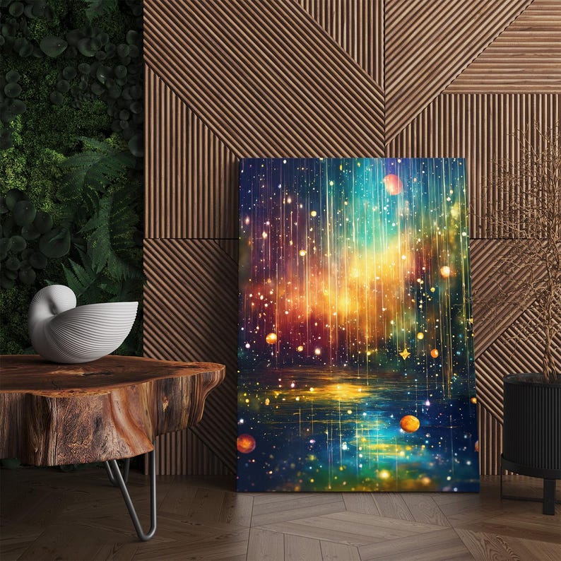 Vibrant Abstract Cosmic Canvas Print | Starry Reflection Wall Art | Glowing Orbs Home Decor
