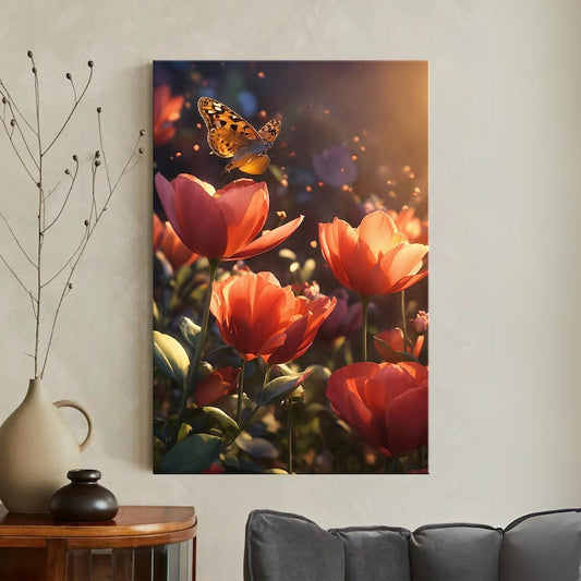 Vibrant Butterfly & Tulip Canvas Print, Golden Light Nature Wall Art, Dreamy Floral Garden Home Decor
