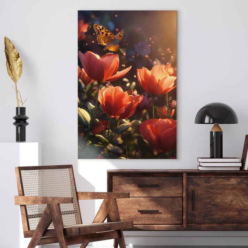 Vibrant Butterfly & Tulip Canvas Print, Golden Light Nature Wall Art, Dreamy Floral Garden Home Decor