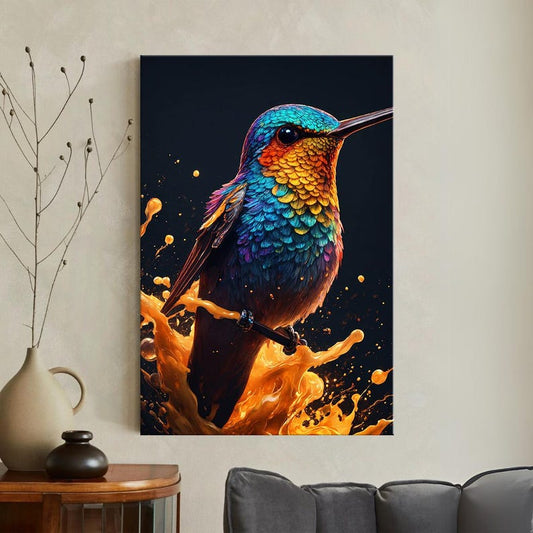 Vibrant Hummingbird Canvas Print | Colorful Bird Wall Art | Abstract Splash Art Decor | Rainbow Animal Art