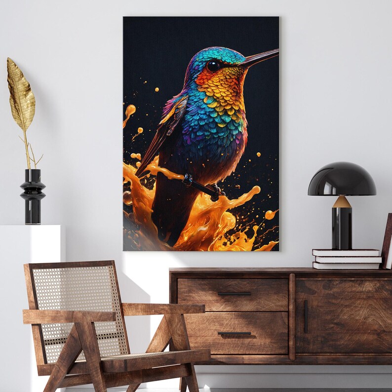 Vibrant Hummingbird Canvas Print | Colorful Bird Wall Art | Abstract Splash Art Decor | Rainbow Animal Art