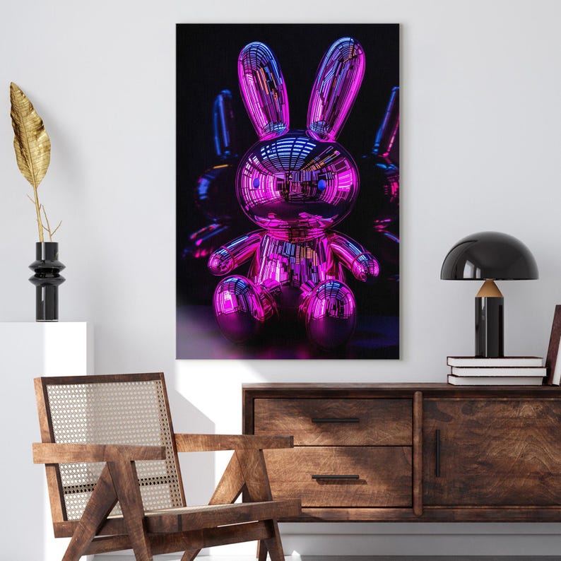 Modern Metallic Rabbit Sculpture Canvas Print | Futuristic Pink Blue Bunny Wall Art | Contemporary Pop Art Home Decor