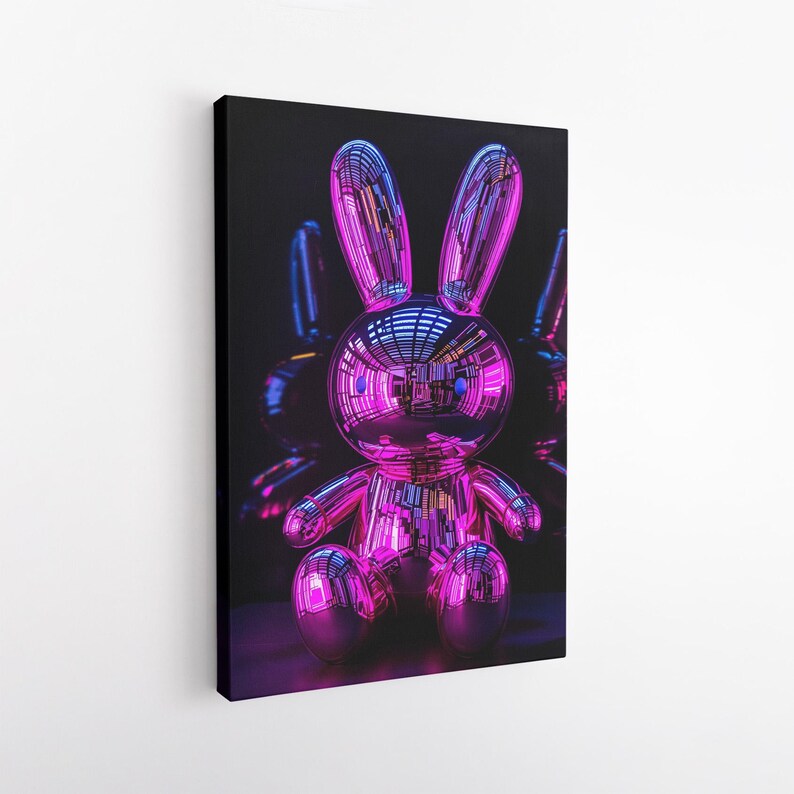 Modern Metallic Rabbit Sculpture Canvas Print | Futuristic Pink Blue Bunny Wall Art | Contemporary Pop Art Home Decor