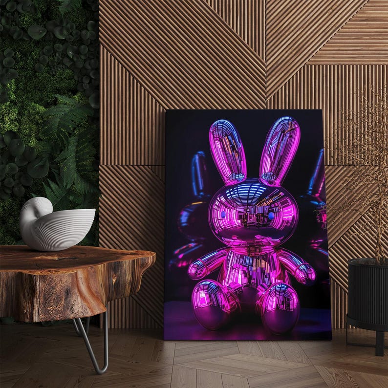 Modern Metallic Rabbit Sculpture Canvas Print | Futuristic Pink Blue Bunny Wall Art | Contemporary Pop Art Home Decor