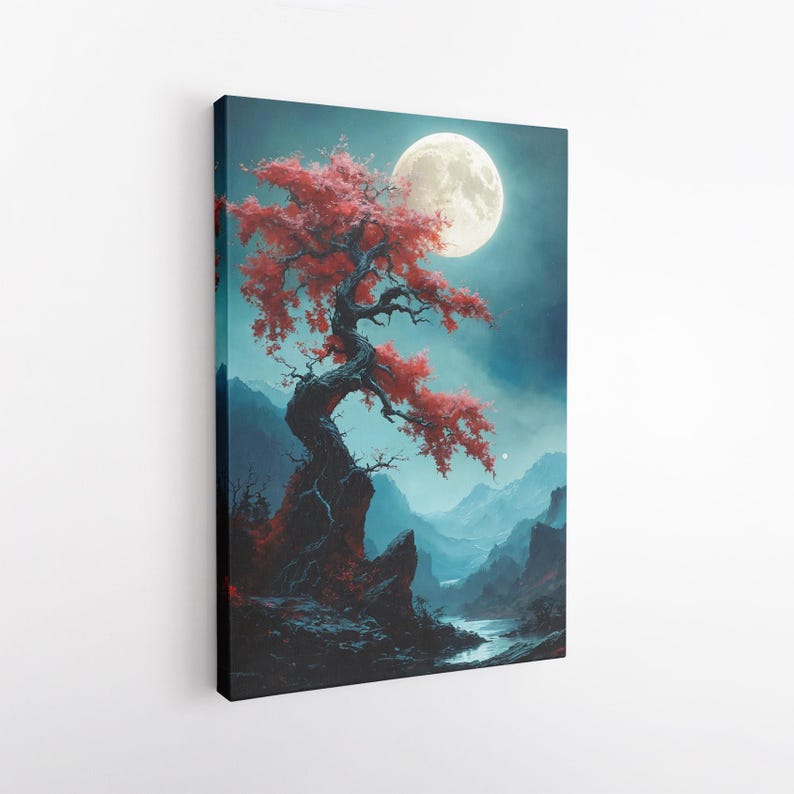 Mystical Red Tree Full Moon Canvas Wall Art | Japanese Style Landscape Print | Tranquil Nature Decor