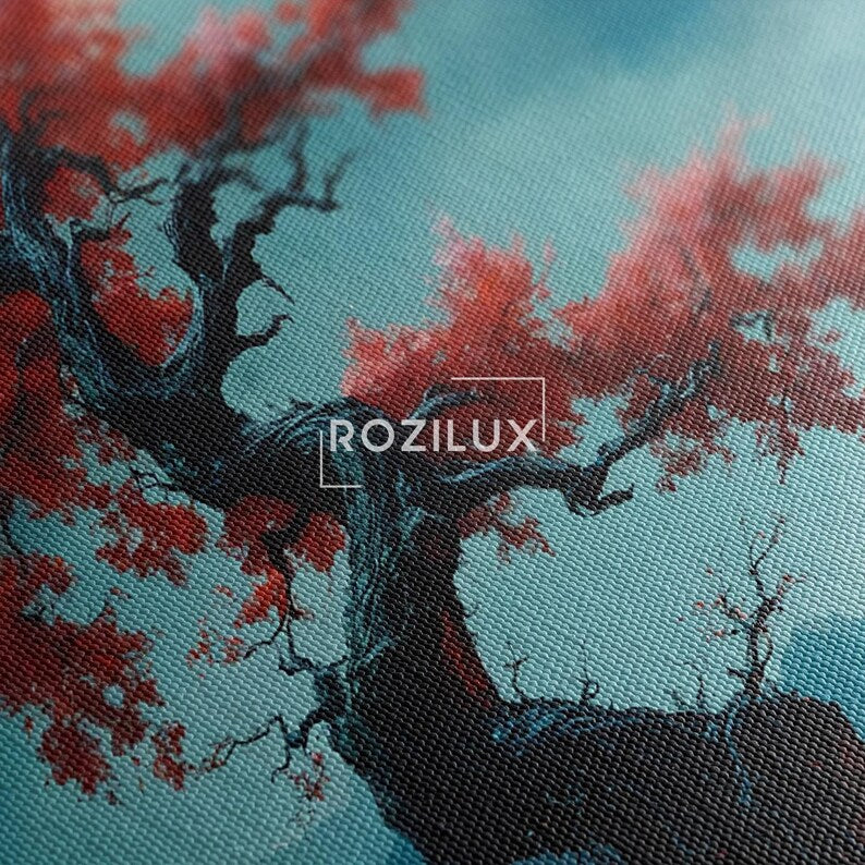 Mystical Red Tree Full Moon Canvas Wall Art | Japanese Style Landscape Print | Tranquil Nature Decor