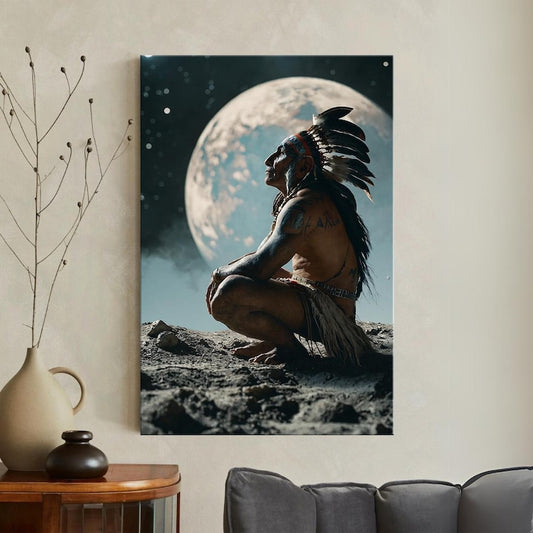 Native American Man Moon Stars Canvas Print, Spiritual Indigenous Wall Art, Cosmic Tribal Home Decor, Unique Fantasy Art Print