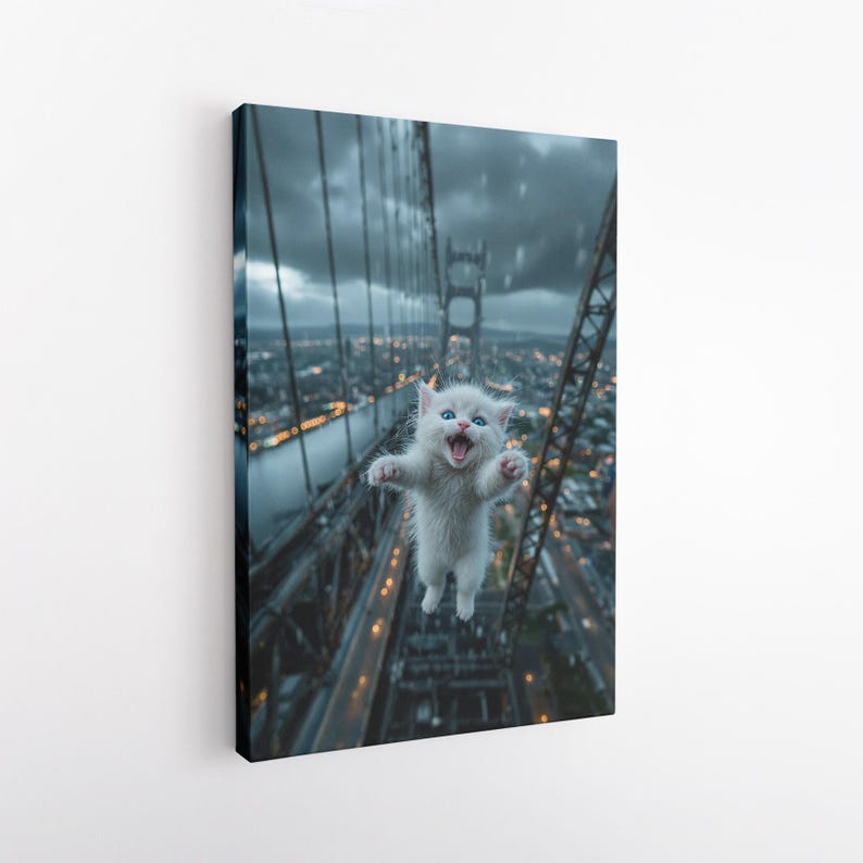 Epic Funny Jumping Cat Canvas Print | Surreal Flying Kitten Wall Art | City Bridge View Home Decor