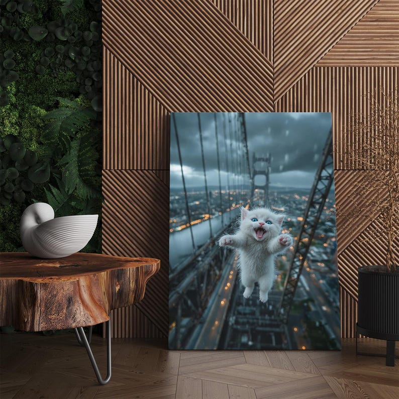 Epic Funny Jumping Cat Canvas Print | Surreal Flying Kitten Wall Art | City Bridge View Home Decor